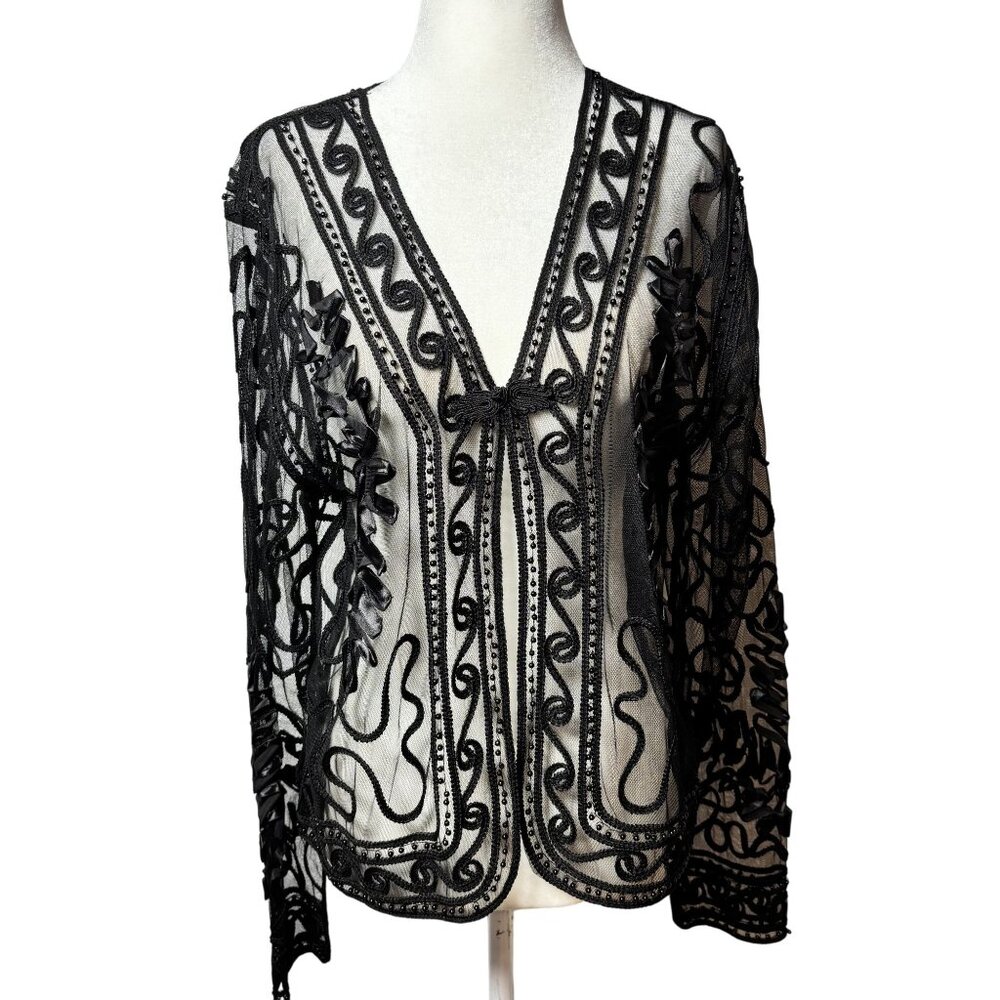 Valenti Womens M Black Sheer Embroidered Long Sleeve Top With Beaded Details
